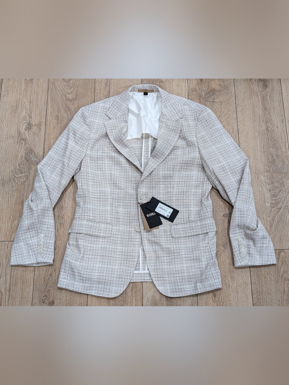 $1195 Mens BOSS "Jeff" Check Wool Sport Coat Tan/Open White 40R